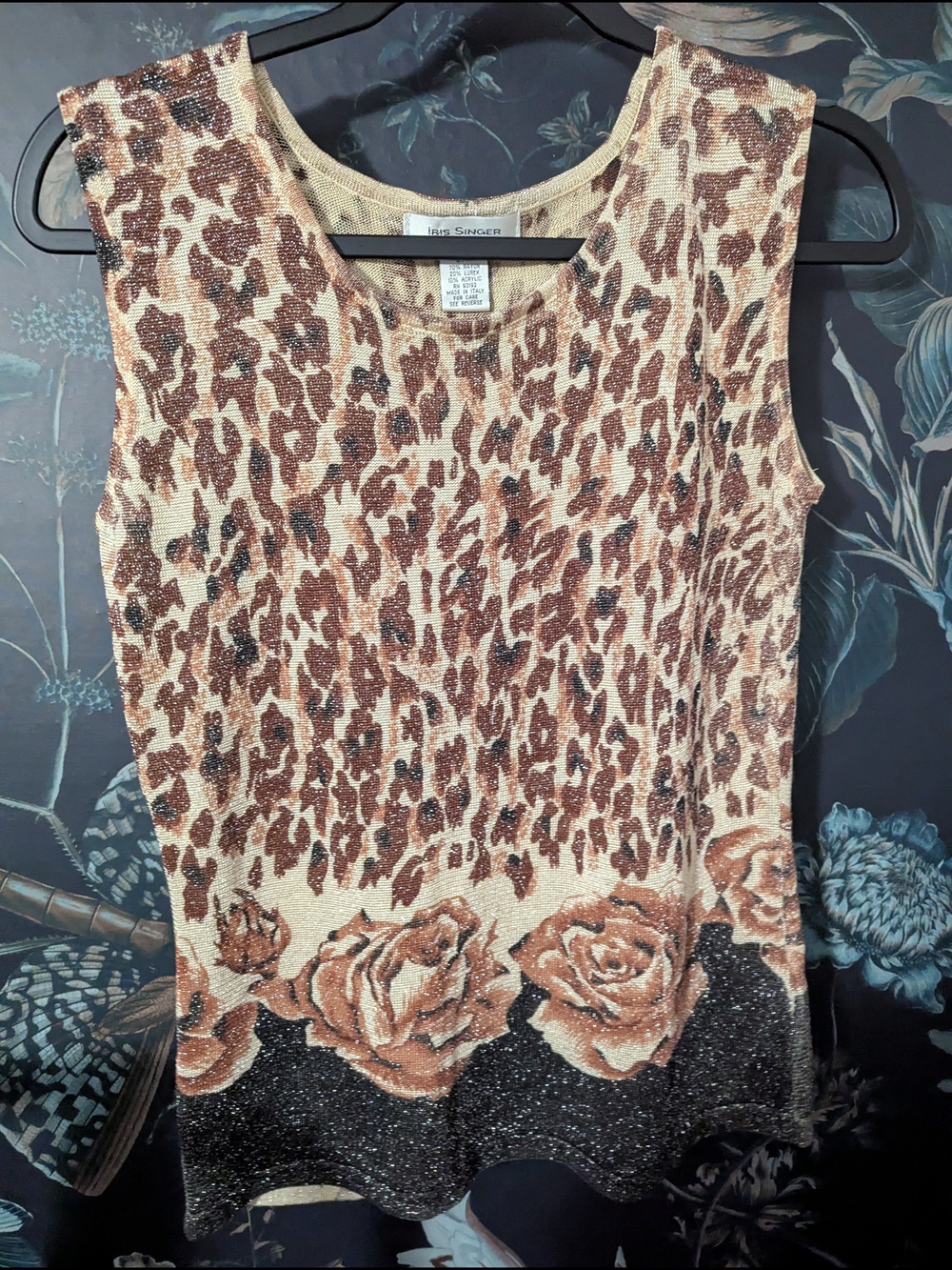 Vintage Euro Iris Singer Italy Metallic Leopard Rose Knit Tank Top S/M  Mob Wife